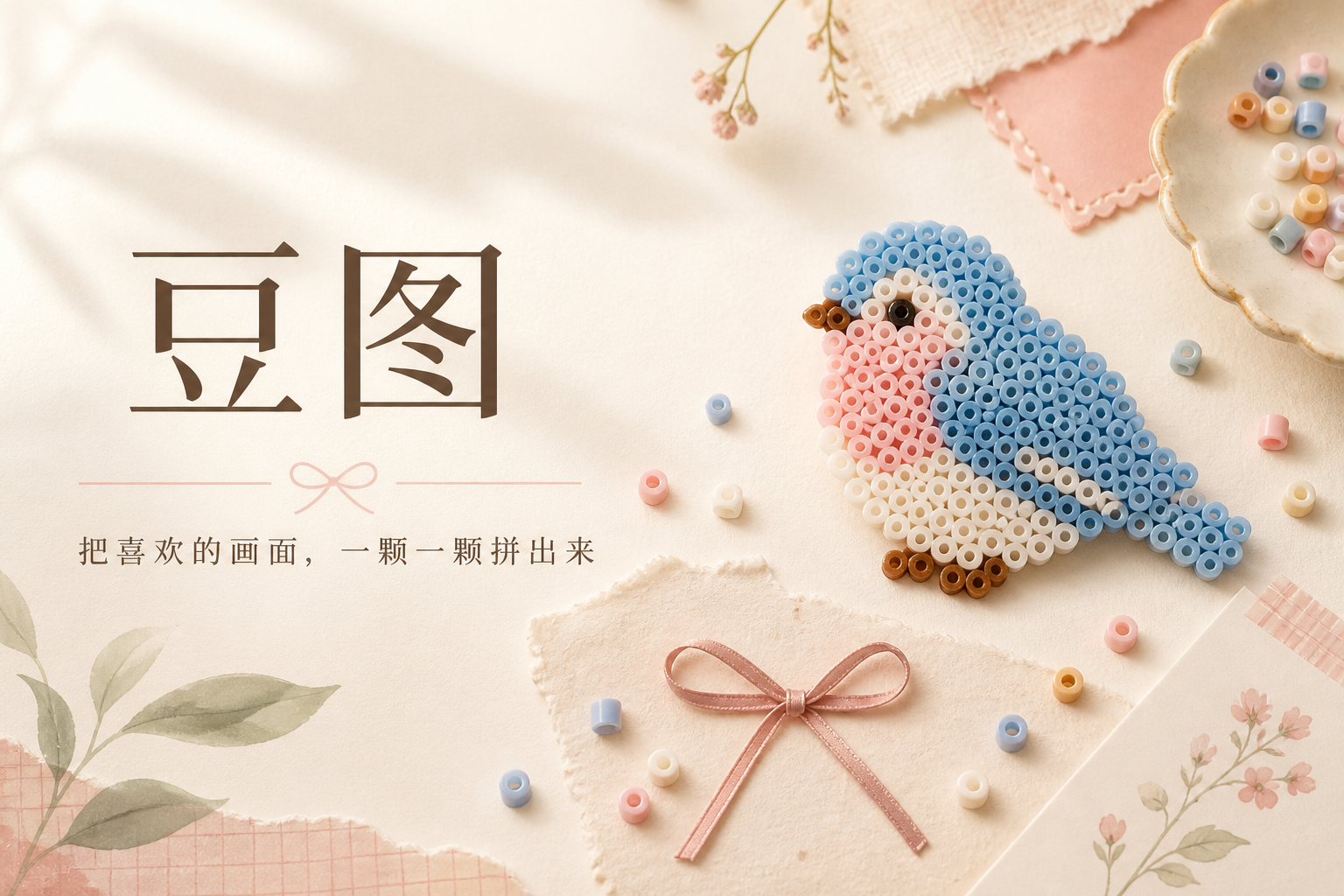 蓝粉色小鸟拼豆作品与散落的拼豆材料